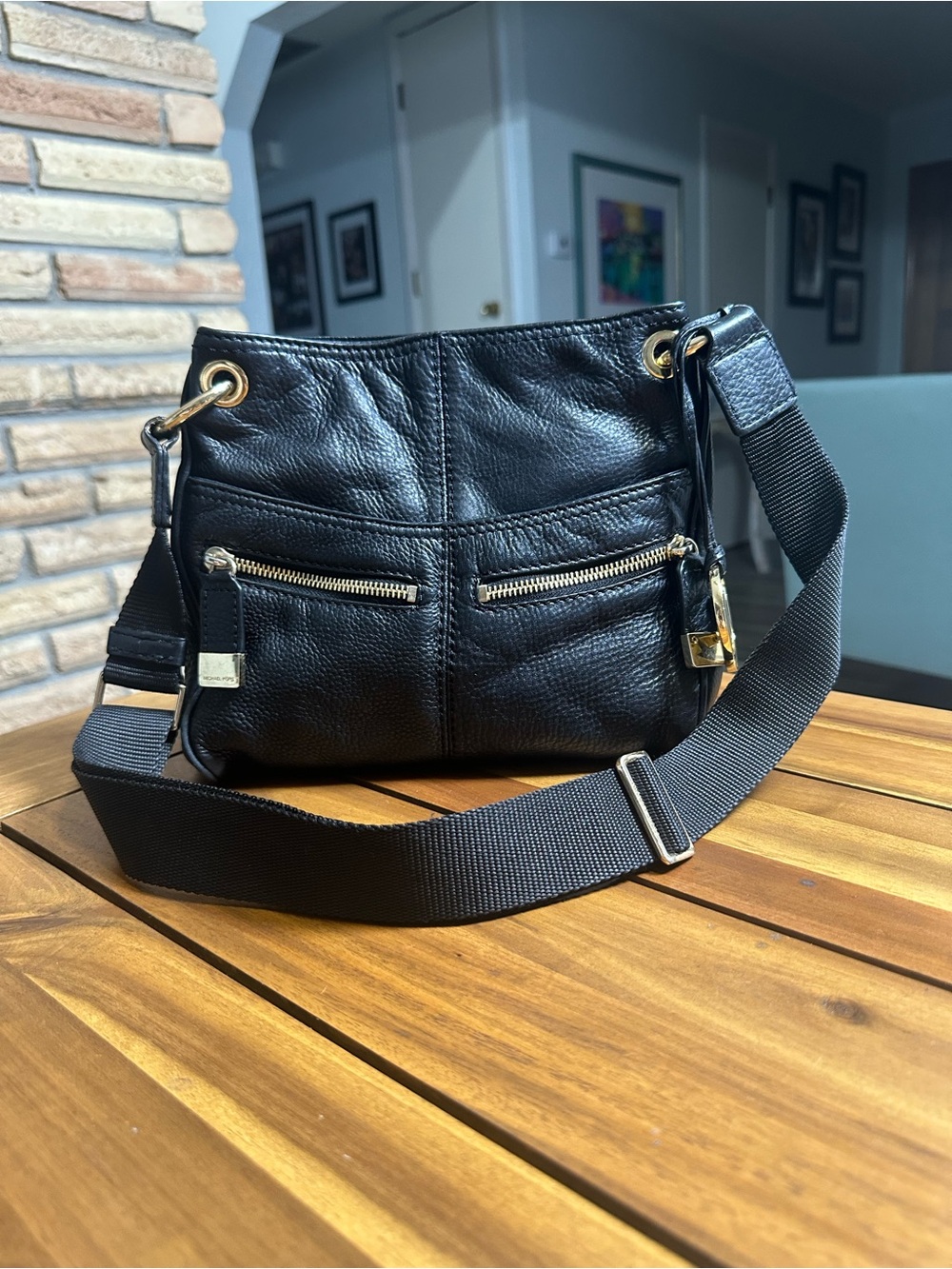 Michael Kors Black Pebbled Leather Crossbody with Gold Hardware